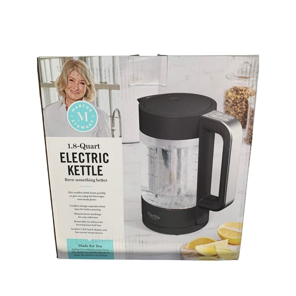 Martha Stewart Electric Kettle 1.8 Quart Glass Cordless Carafe Swivel Base